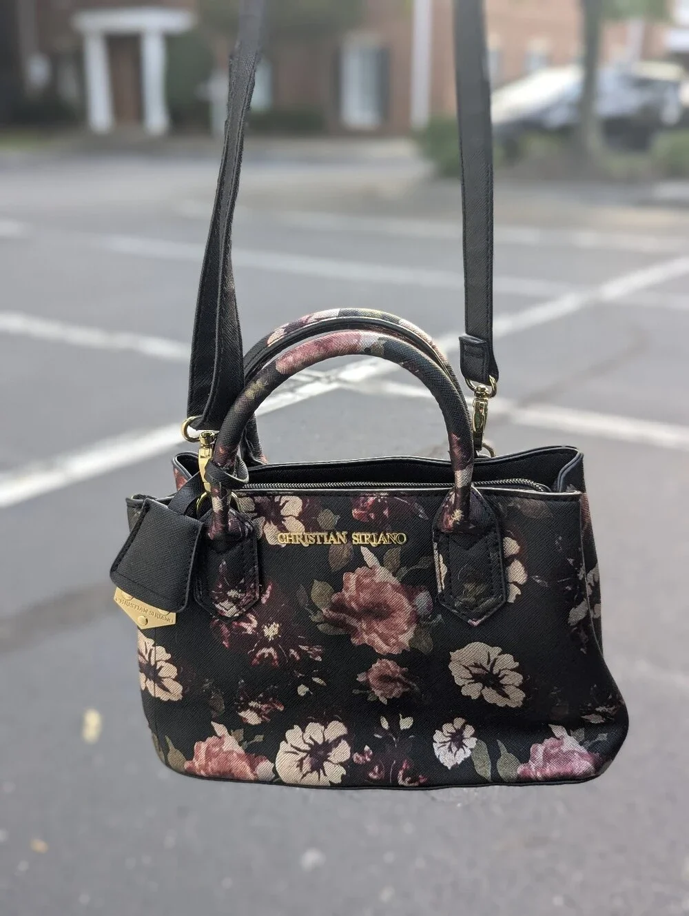 Christian Siriano Floral Crossbody Satchel Bag Black Saffiano Handbag Clean